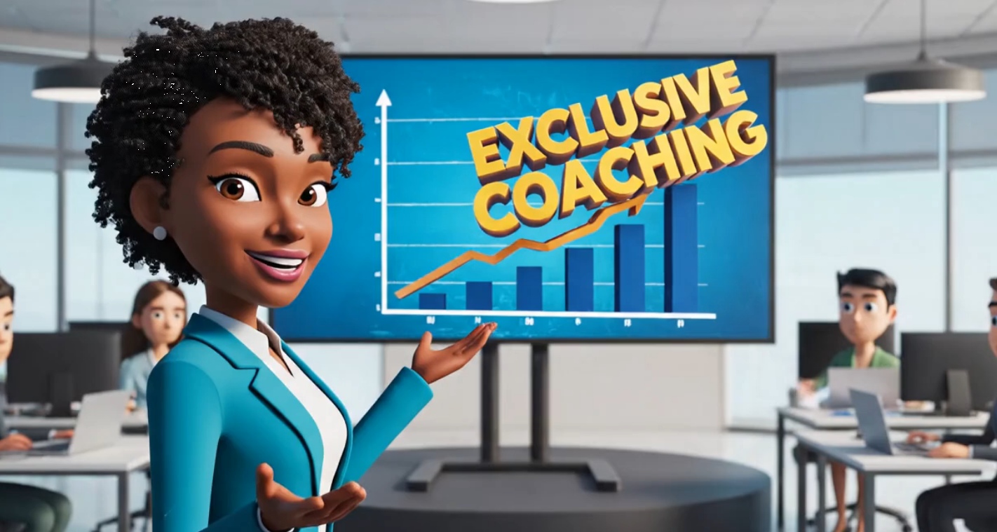 This image features a 3D-animated professional woman presenting in a modern office setting, gesturing toward a large screen that displays a rising growth chart and the text "EXCLUSIVE COACHING." In the background, other colleagues are visible working at their desks, creating a bright and productive corporate atmosphere.